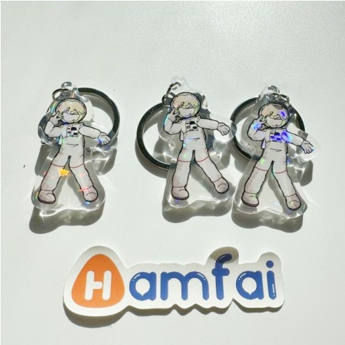 Smiling Astronaut Making V Gesture with Fingers Holographic Epoxy Keychain