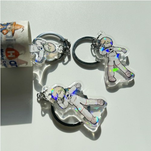 Smiling Astronaut Making V Gesture with Fingers Holographic Epoxy Keychain