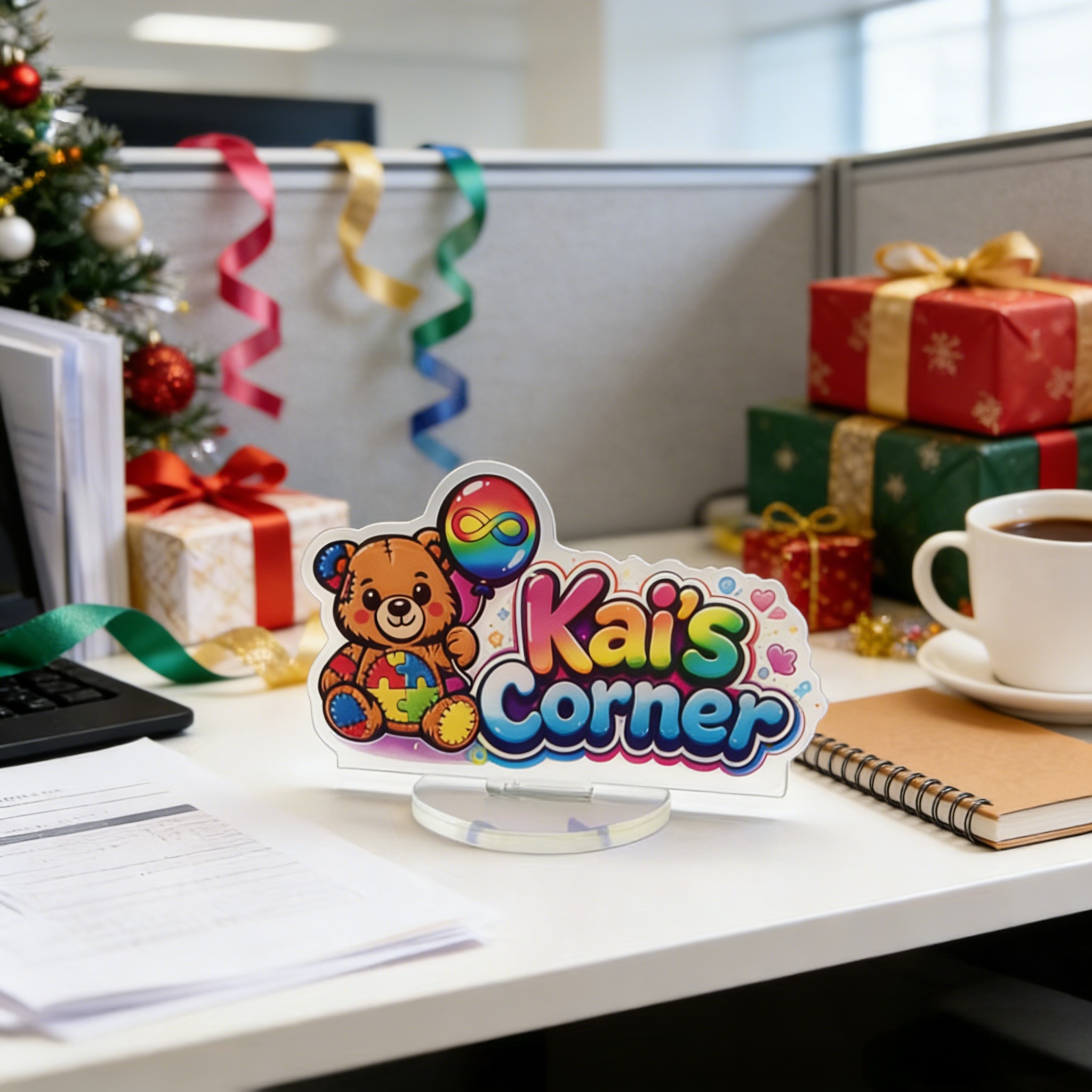 Custom acrylic standee with colorful Kai's Corner design displayed on office desk - premium UV printed acrylic desk decoration