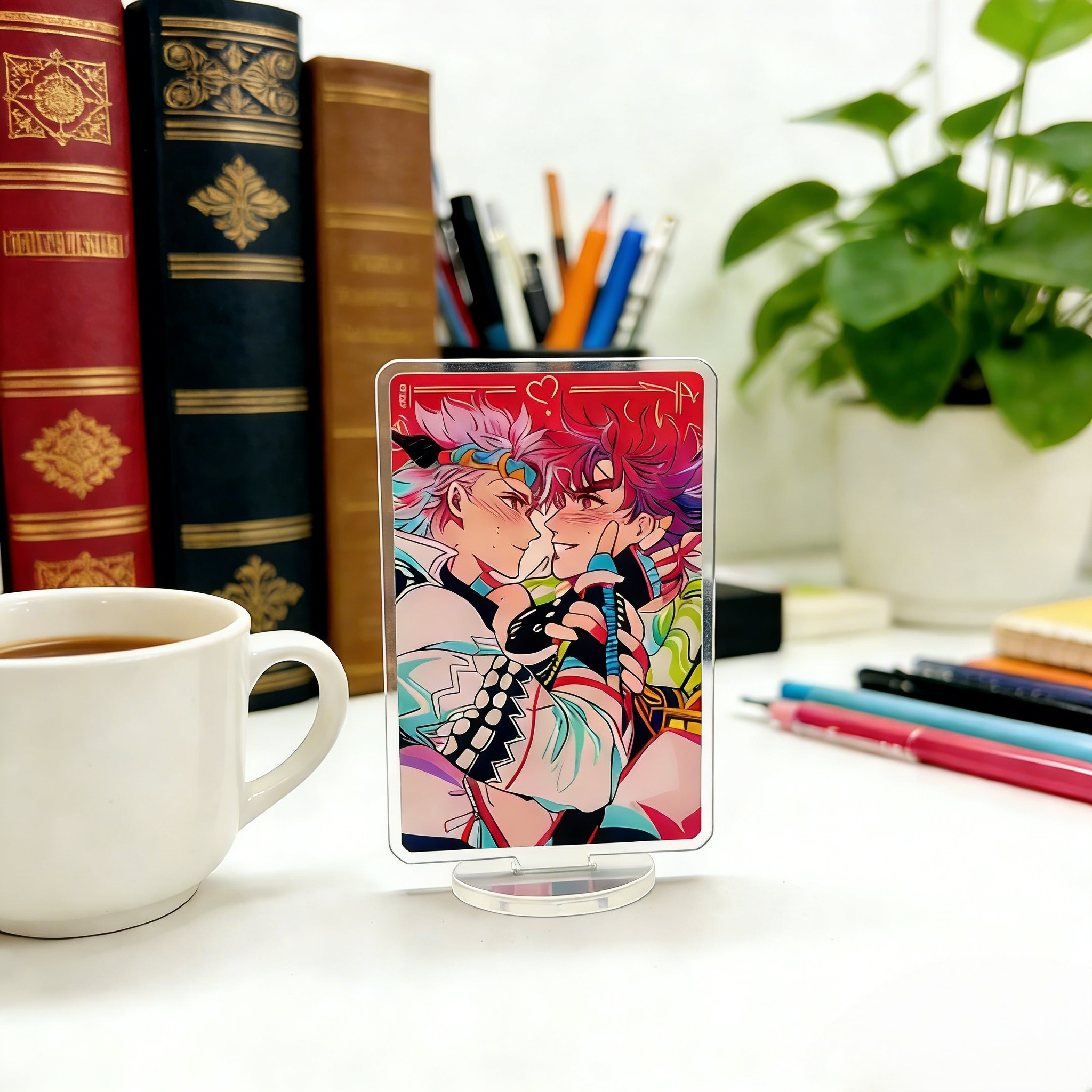 Anime character custom acrylic standee displayed on bookshelf